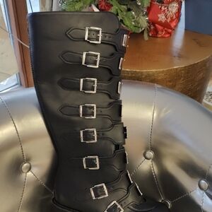 Black Buckle-Detail Knee-High Women's Boots